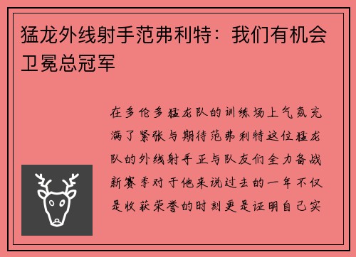 猛龙外线射手范弗利特：我们有机会卫冕总冠军