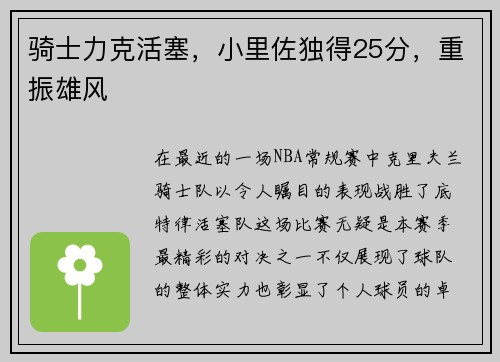 骑士力克活塞，小里佐独得25分，重振雄风