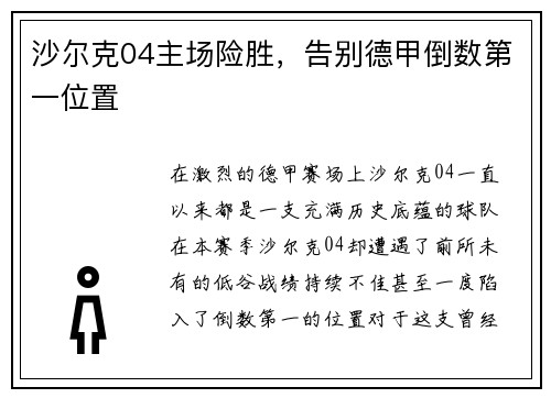 沙尔克04主场险胜，告别德甲倒数第一位置